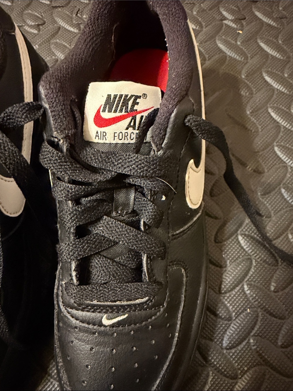 Nike Air Force 1 Low Kids Black Sneakers with White Swoosh and Red Interior - Picture 8 of 13